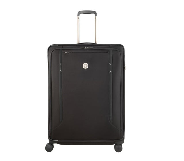 Victorinox Werks Traveler 6.0 Softside XL suitcase in black, featuring durable nylon, smooth wheels, and spacious compartments.