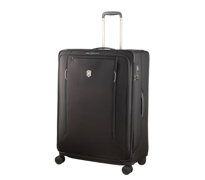 Alt text: Sleek black Victorinox Werks Traveler 6.0 Softside XL suitcase with dual-tube handle and spacious interior for travelers.