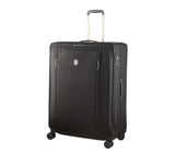 Alt text: Sleek black Victorinox Werks Traveler 6.0 Softside XL suitcase with dual-tube handle and spacious interior for travelers.