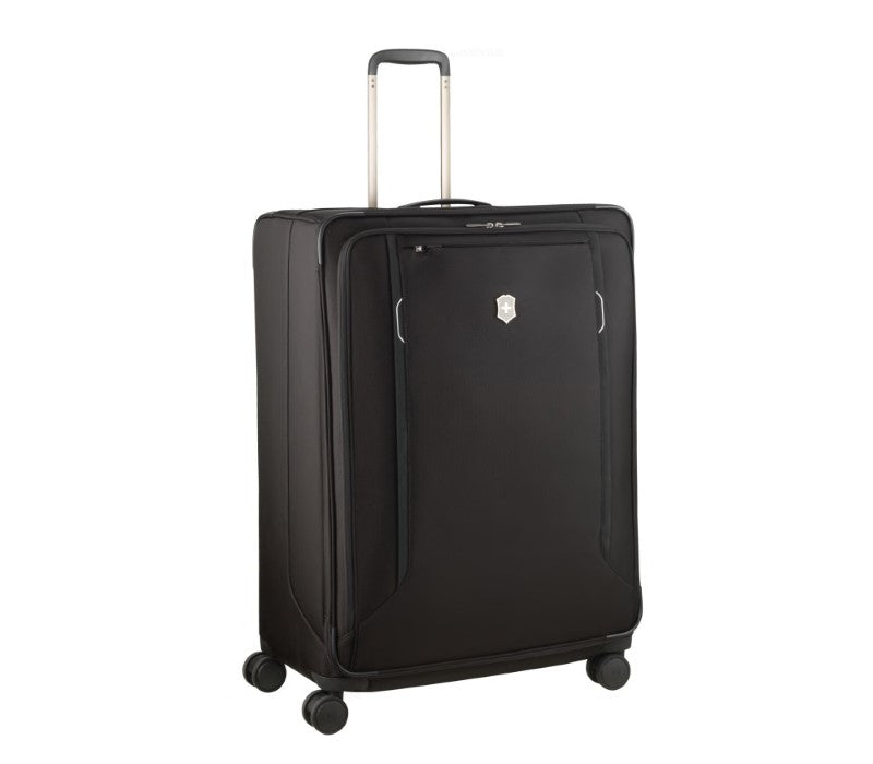 Victorinox Werks Traveler 6.0 Softside XL suitcase in black, featuring durable nylon, smooth wheels, and spacious compartments.