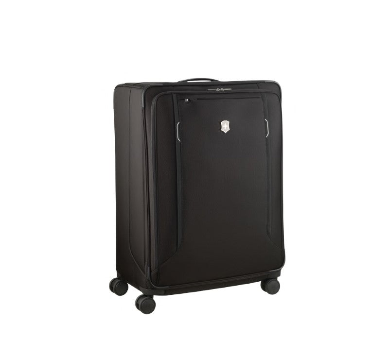 Victorinox Werks Traveler 6.0 Softside XL suitcase in black, featuring durable nylon, a padded laptop compartment, and smooth-rolling wheels.