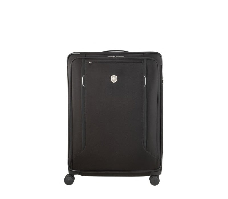 Victorinox Werks Traveler 6.0 Softside XL suitcase in black, featuring a spacious design, durable nylon, and smooth-rolling wheels.