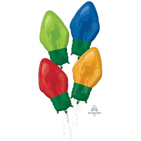 Bright festive foil balloons shaped like Christmas light bulbs, perfect for decorations at holiday celebrations.