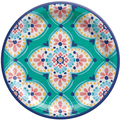 Round Boho Vibes paper dinner plates (26cm) in a pack of 8, featuring a stylish eco-friendly design for any celebration.