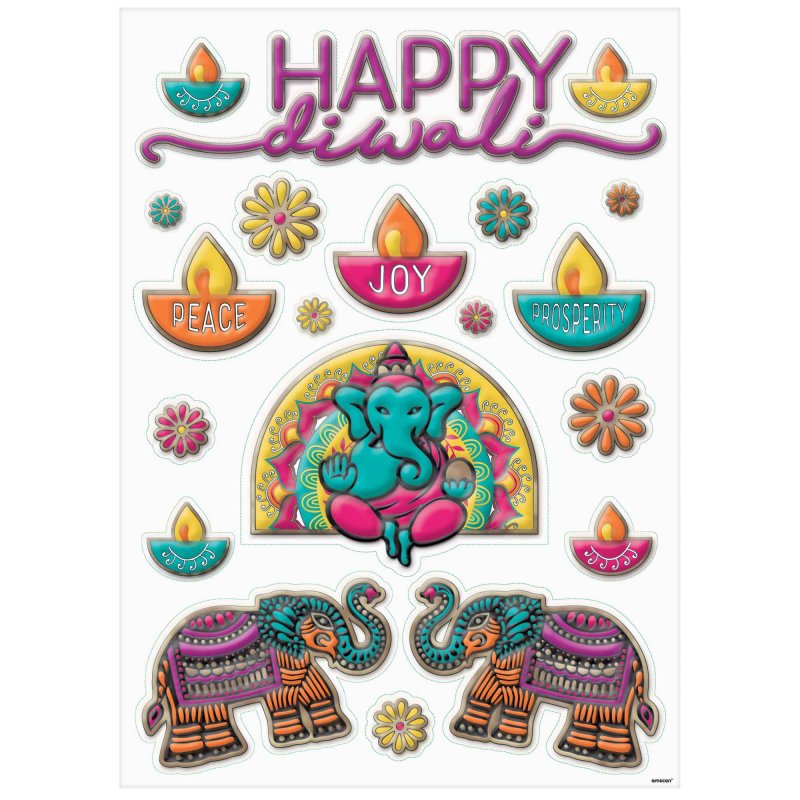 Vibrant Diwali foil embossed window decorations in 20 designs, perfect for creating a festive atmosphere indoors or outdoors.