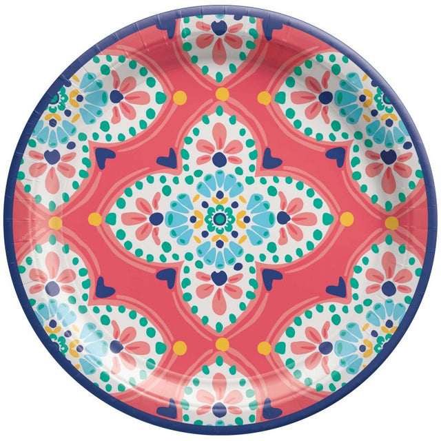 Set of 8 biodegradable 17cm round paper plates featuring charming boho patterns, perfect for stylish, eco-friendly dining.