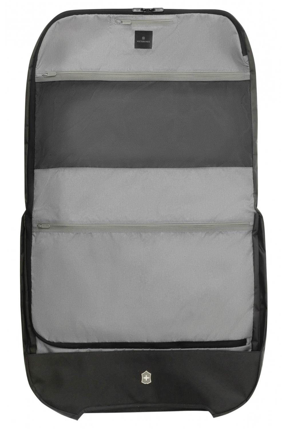 Sleek black garment bag featuring hanger clamp, adjustable strap, and multiple pockets for organized travel.