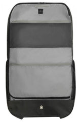 Sleek black garment bag featuring hanger clamp, adjustable strap, and multiple pockets for organized travel.