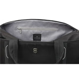 Sleek black Victorinox Weekender Duffle Bag with expandable capacity, zippered pocket, and rear sleeve for wheeled luggage.