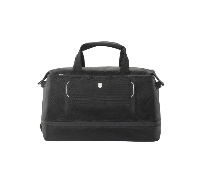 Sleek black Weekender Duffle Bag with expandable capacity, zippered pocket, and rear sleeve for easy transport over luggage handles.