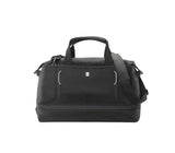 Black Victorinox Werks Traveler 6.0 Weekender Duffle Bag with expandable capacity, zippered pocket, and rear sleeve for easy transport.