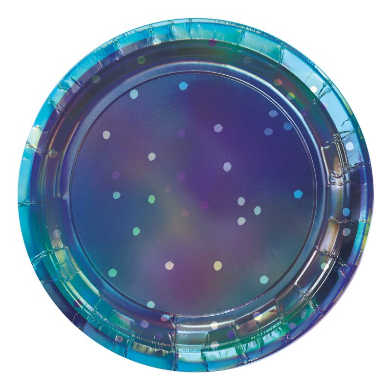 Pack of 8 round plates in sparkling sapphire with iridescent finish, perfect for elegant dining and special occasions.