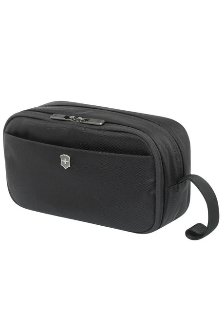 Victorinox Werks Traveler 6.0 Toiletry Kit Bag in black, featuring spacious design, two padded pockets, and durable YKK® zippers.