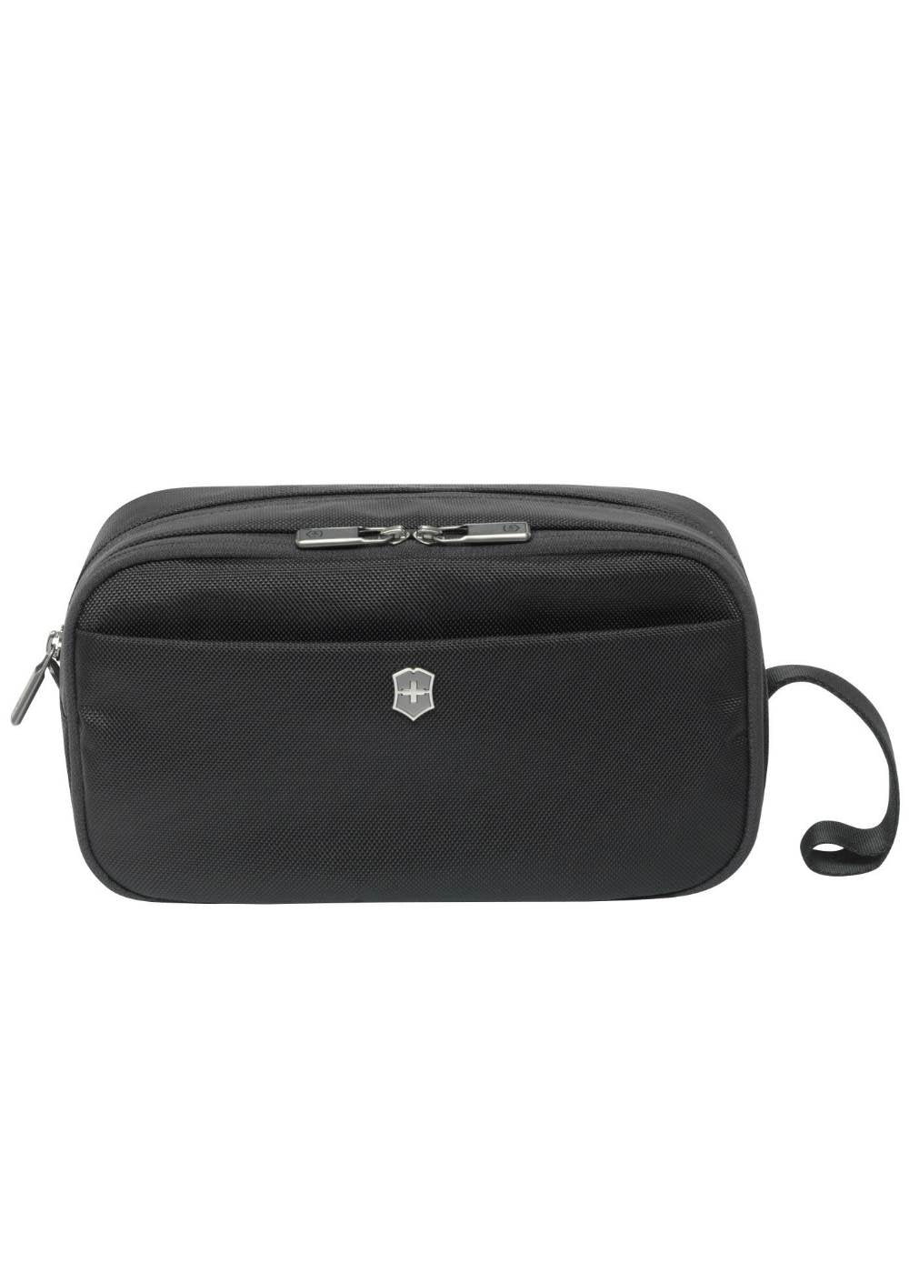 Sleek black Victorinox Werks Traveler 6.0 Toiletry Kit Bag with spacious interior and multiple storage pockets for travel organization.