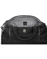 Sleek black Victorinox Werks Traveler 6.0 Weekender XL tote with expansion panel, ideal for travel and organization.