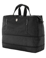 Sleek black Victorinox tote with expandable storage, ideal for travel, gym, or business, featuring a zippered pocket and luggage sleeve.