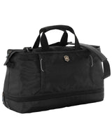 Victorinox Werks Traveler 6.0 Weekender XL black tote with expandable zipper, spacious interior, and rear sleeve for luggage.