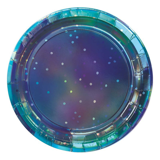 Round sparkling sapphire paper plates (23cm), pack of 8, perfect for elegant dining at events and parties.