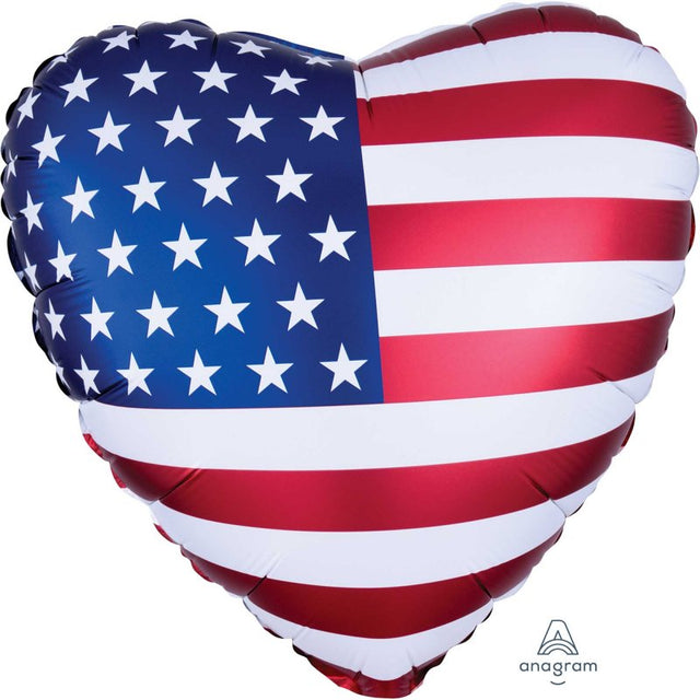 Vibrant satin-infused foil balloon in a heart shape, perfect for patriotic celebrations and adding festive decor.