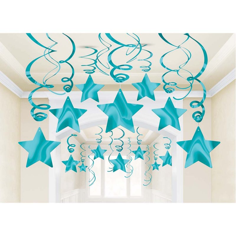 Foil shooting star hanging decorations in Caribbean Blue, perfect for parties with swirls and star cutouts, pack of 30.