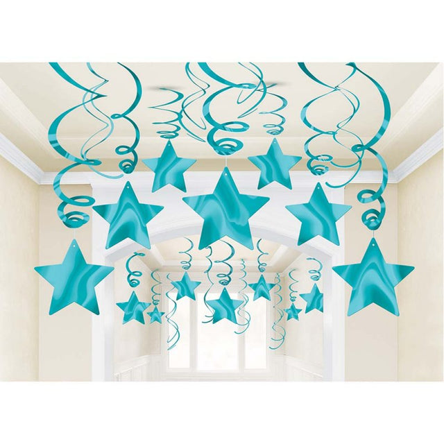 Foil shooting star hanging decorations in Caribbean Blue, perfect for parties with swirls and star cutouts, pack of 30.