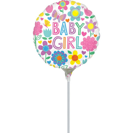 Vibrant 22cm foil balloon featuring a floral butterfly design, perfect for baby girl celebrations and events.