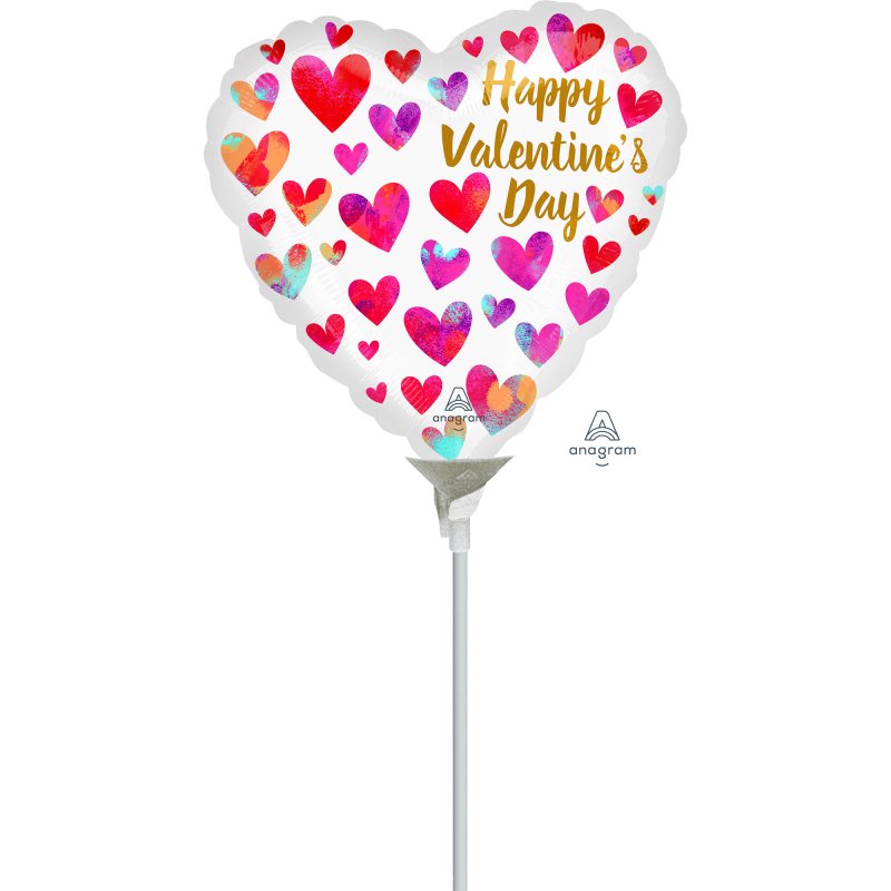 Colorful 10cm foil balloon featuring painterly hearts design, perfect for festive celebrations and easy to incorporate into decor.