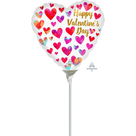 Colorful 10cm foil balloon featuring painterly hearts design, perfect for festive celebrations and easy to incorporate into decor.