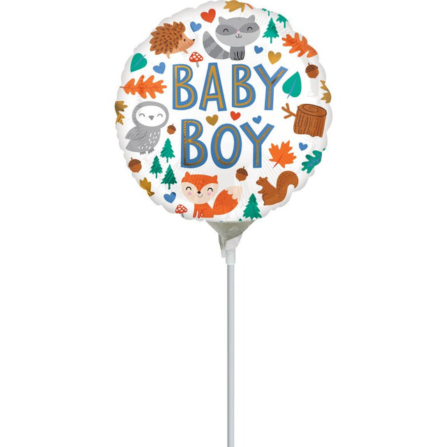 Foil balloon featuring vibrant woodland designs for baby boy celebrations, measuring 22cm, perfect for party decor.