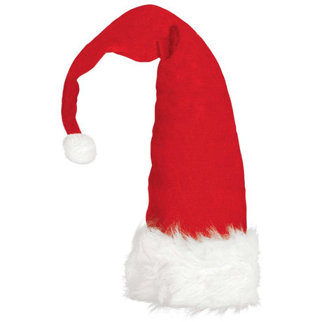 Long red Santa hat with white fur trim and pom-pom, measuring 87cm, perfect for festive celebrations and holiday photos.