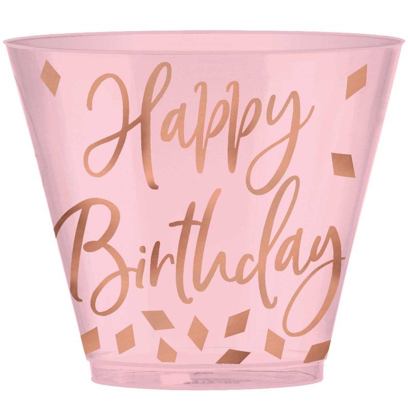 Blush plastic tumblers with hot-stamped design, perfect for stylish birthday parties and events, pack of 30.