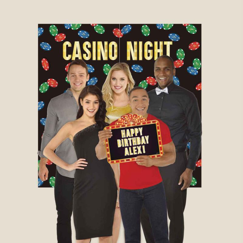 Vibrant casino-themed backdrop kit with cutout and stickers for festive parties and photo ops.