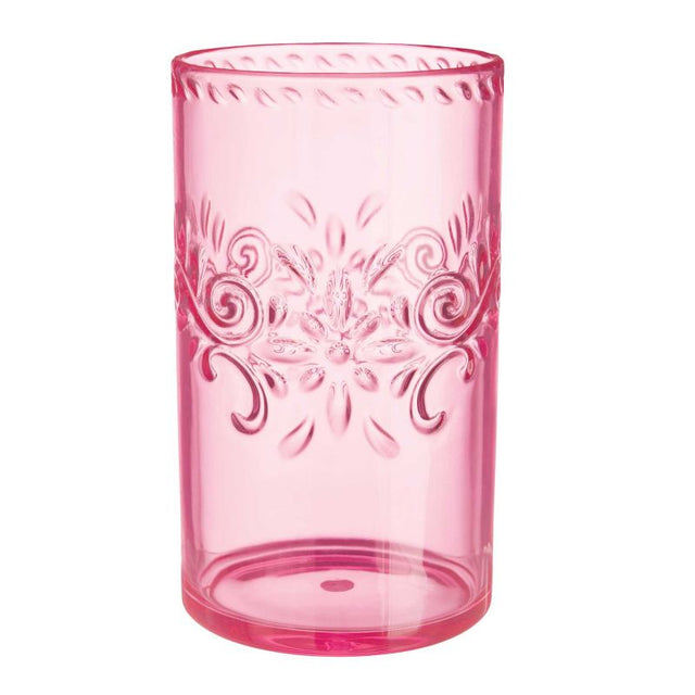 Boho Vibes pink floral highball tumblers with debossed finish, perfect for cocktails and stylish gatherings.