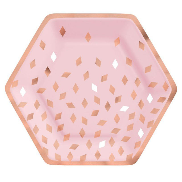 Blush hexagonal metallic paper plates, 9"/23cm, pack of 8, ideal for elegant birthday parties and special events.