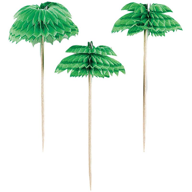 Tropical palm tree honeycomb picks in a pack of 12, perfect for enhancing appetizers and desserts at events.