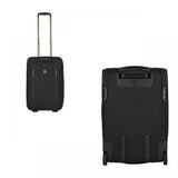 Lightweight black Victorinox Werks 6.0 carry-on suitcase with expandable capacity and Swiss-engineered handle for easy maneuvering.