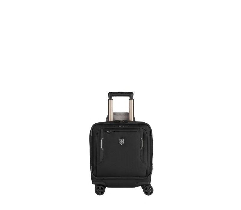 Victorinox Werks Traveler 6.0 Wheeled Boarding Tote in black, featuring 4 wheels, expandable design, and tablet pocket for efficient travel.