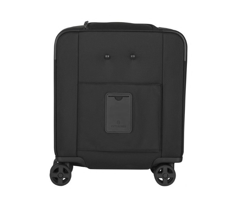 Victorinox Werks Traveler 6.0 Wheeled Boarding Tote in black, featuring 4 wheels, expandable design, and interior organization pockets.