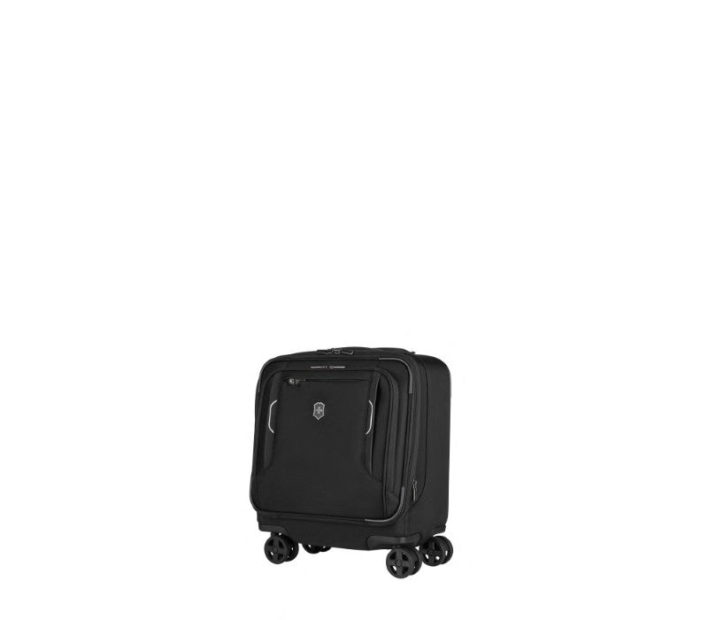 Victorinox Werks Traveler 6.0 Wheeled Boarding Tote in black, compact, 4-wheeled, expandable with tablet pocket and compression straps.