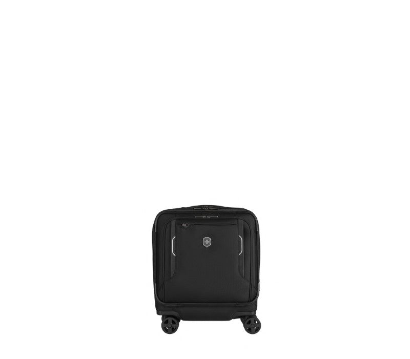 Victorinox Werks Traveler 6.0 Wheeled Boarding Tote in black, featuring 4 wheels, expandable design, and padded tablet pocket.