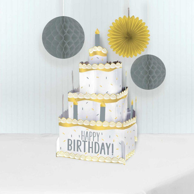 Elegant silver and gold pop-up cake centerpiece decoration for birthday celebrations, crafted from high-quality cardboard.