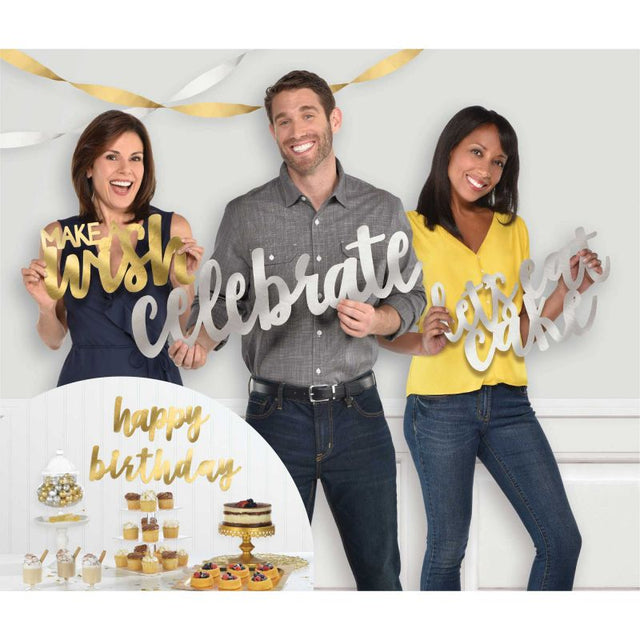 Silver and gold foil cutout photo props for birthdays, featuring 5 stylish designs to enhance party decor and capture memories.