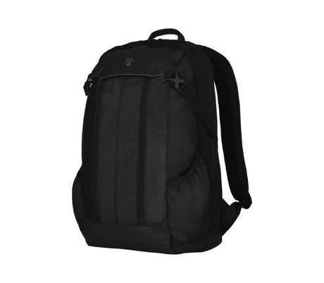 Sleek black Victorinox Altmont Slimline backpack with padded laptop pocket and multiple organized compartments for modern travelers.