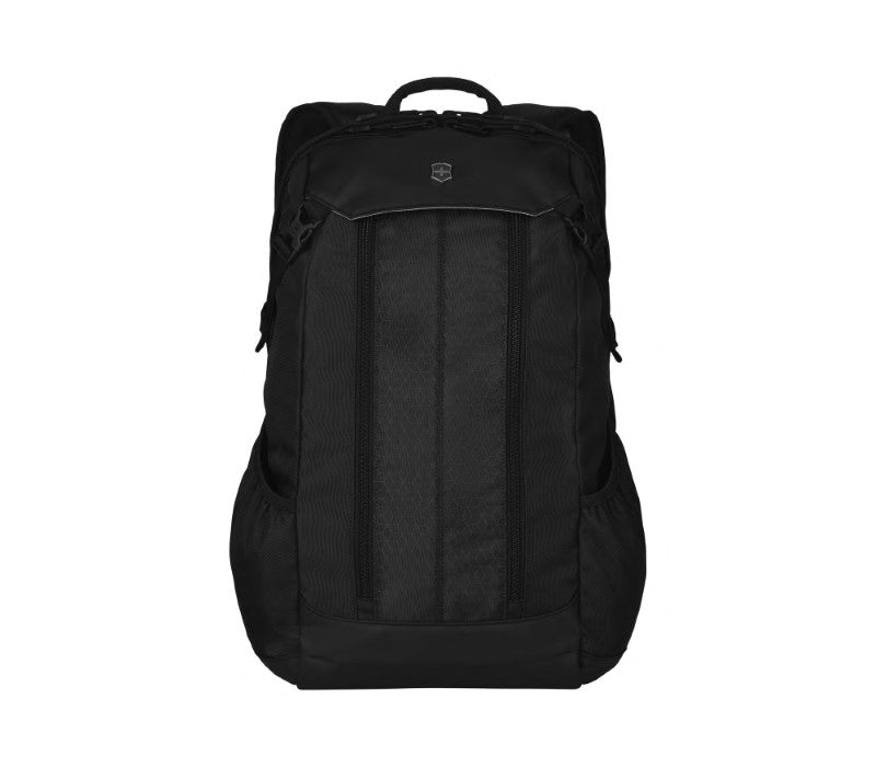 Sleek black Victorinox Altmont Slimline Backpack with padded laptop pocket, side-entry pockets, and comfortable straps.