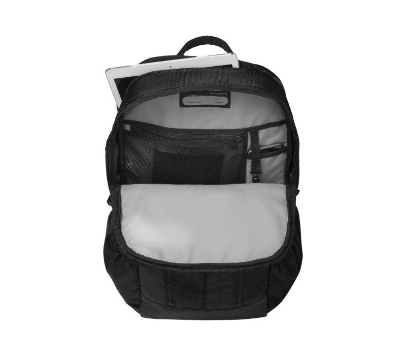 Lightweight black Victorinox Altmont Slimline Backpack with padded laptop pocket and ergonomic design for comfortable travel.