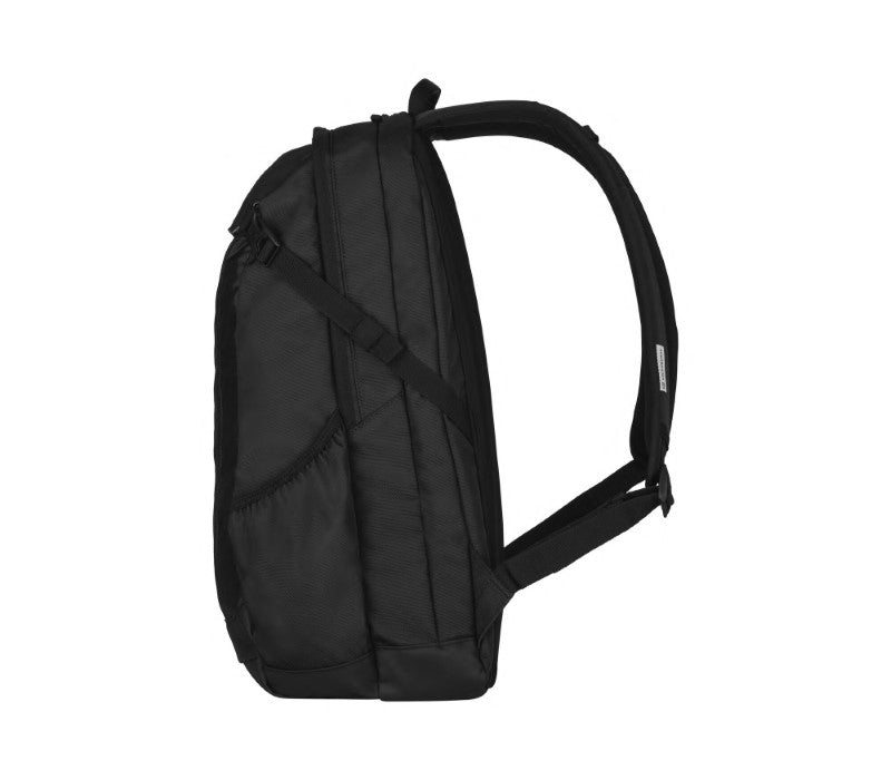 Victorinox Altmont Slimline Backpack in black, featuring side-entry pockets, padded laptop compartment, and comfortable shoulder straps.