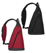 Red Victorinox Altmont monosling bag with dual compartments, adjustable strap, and pockets for easy access to essentials.