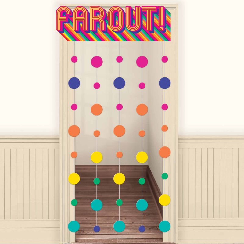 Vibrant 70's door curtain in bold patterns, ideal for adding retro charm and positive energy to any room.