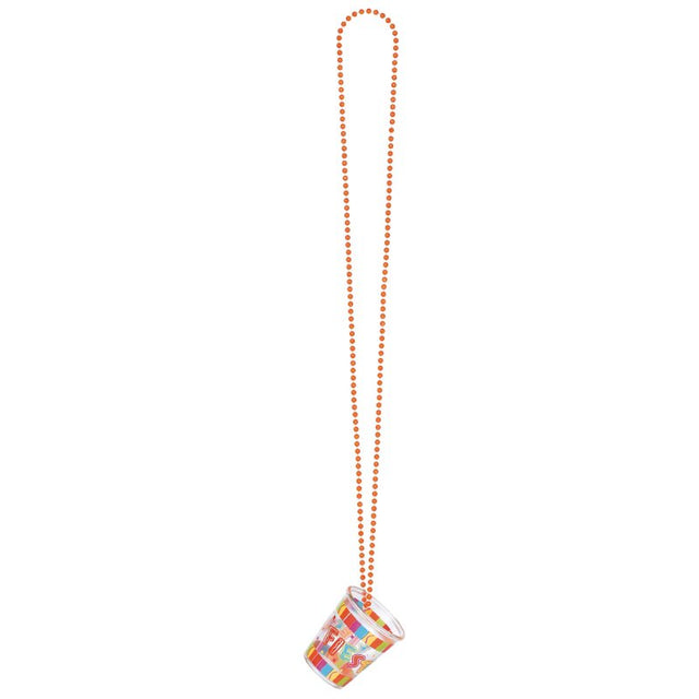 Vibrant 50cm necklace with colorful fiesta beads and mini shot glasses, perfect for lively celebrations and parties.