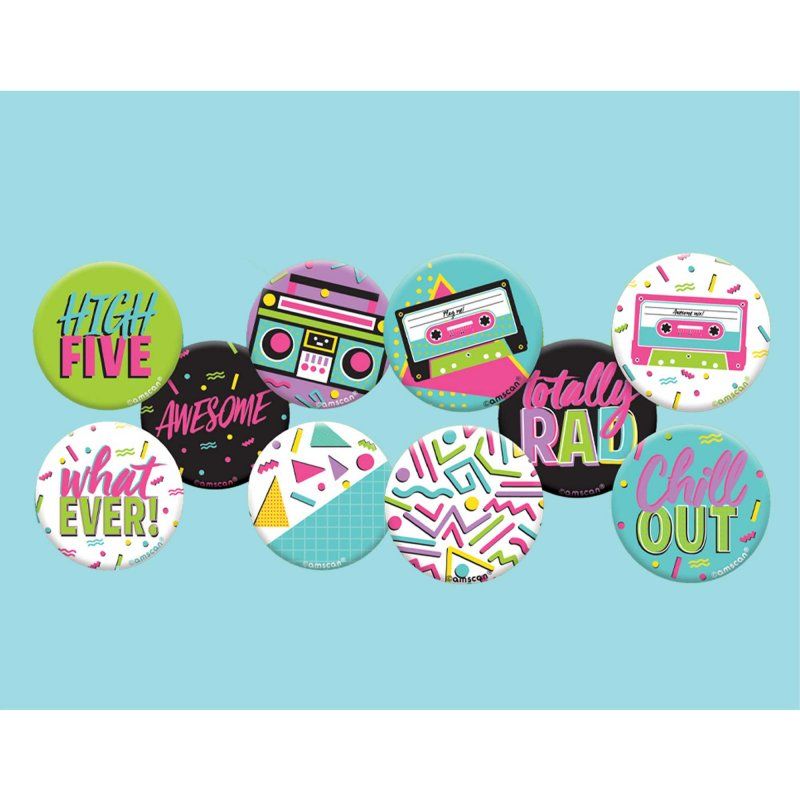 Awesome Party 80's Button Badges - Pack of 10